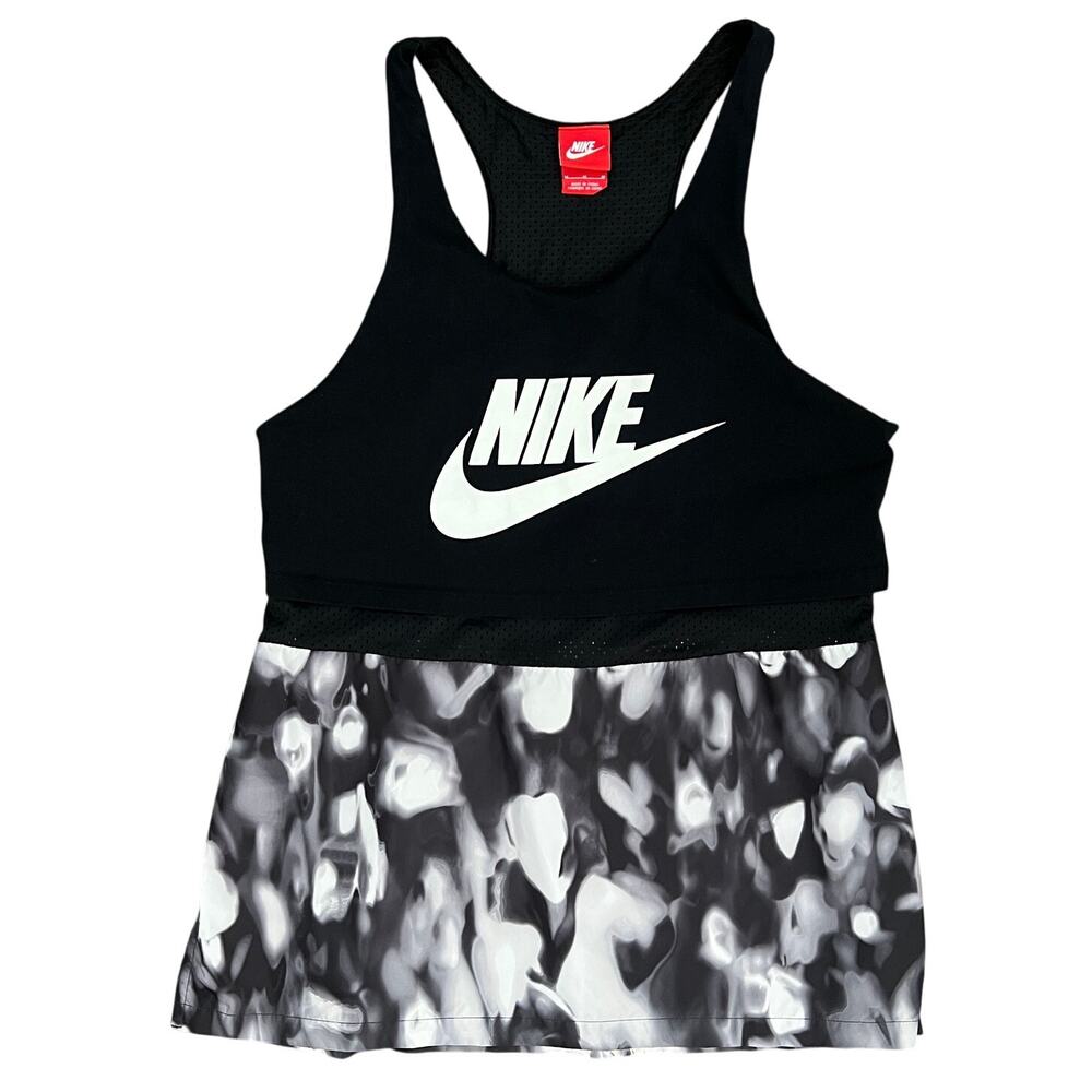 Nike Y2K Black Layered Mesh Detail Racerback Sport Tank Top White Swoosh Size M